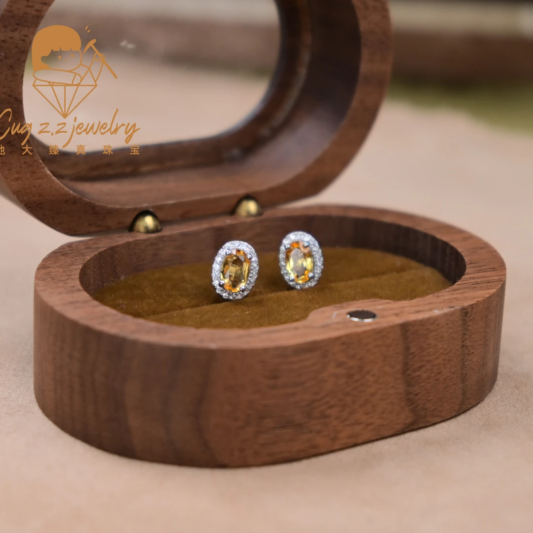 天然黄水晶耳饰简约小圆气质宝石耳饰925银礼物