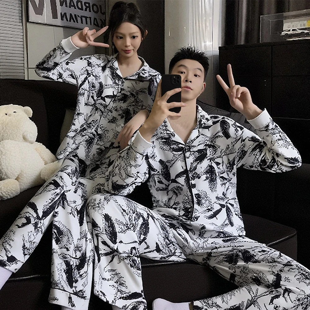 情侣睡衣长袖春秋季棉质薄款休闲套装中国风男女士休闲开衫家居服