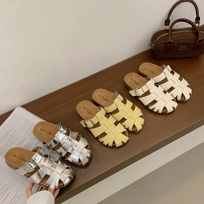 包头半拖鞋女夏外穿2025新款编织镂空复古勃肯鞋软底防滑猪笼凉拖