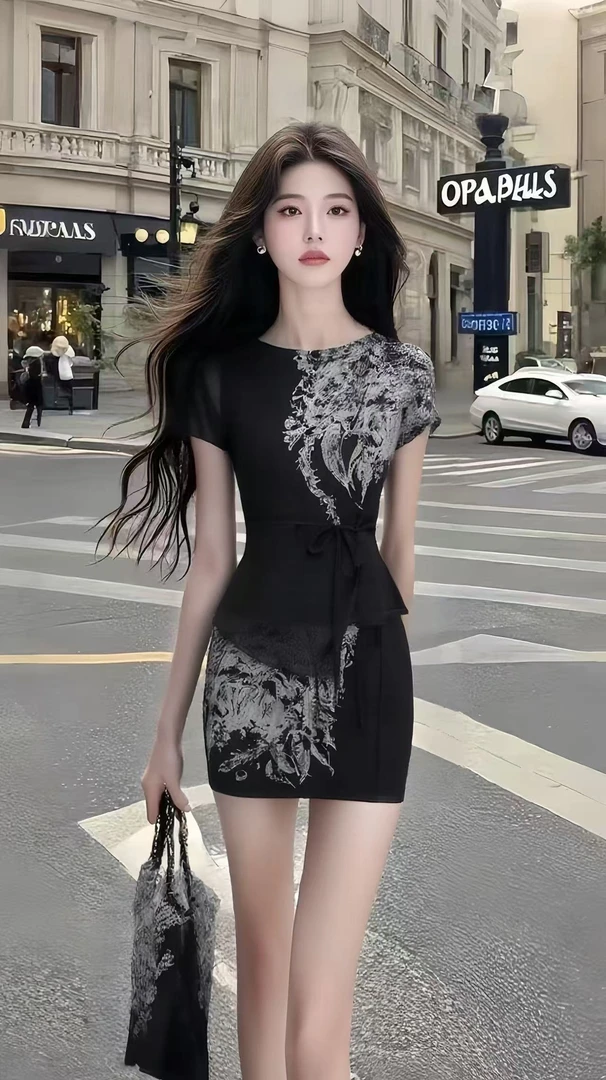温柔甜美风黑色圆领印花设计短袖上衣+黑色百搭包臀半身裙女套装