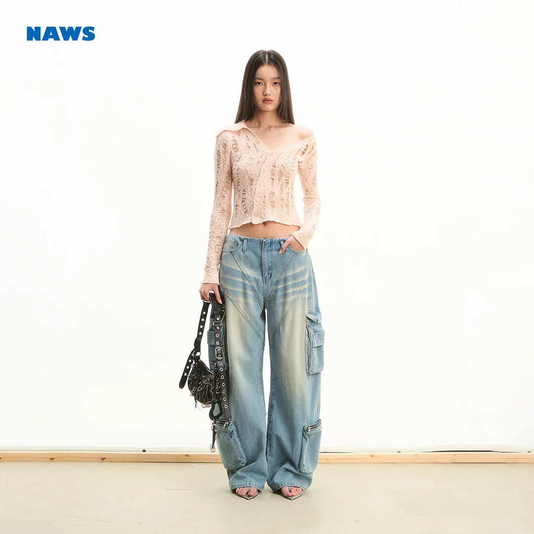 NAWS 游牧针织衫 斜肩设计感收腰显瘦镂空针织开衫上衣