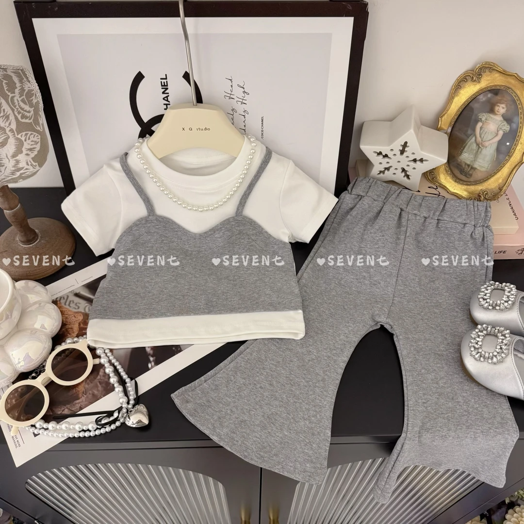 女童2025夏季新款洋气假两件上衣喇叭裤裤套装C23250