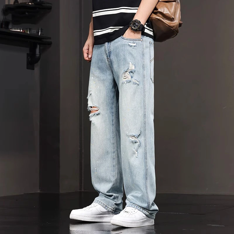春夏季破洞牛仔裤男款美式高街新款乞丐阔腿裤子男士宽松直筒裤潮