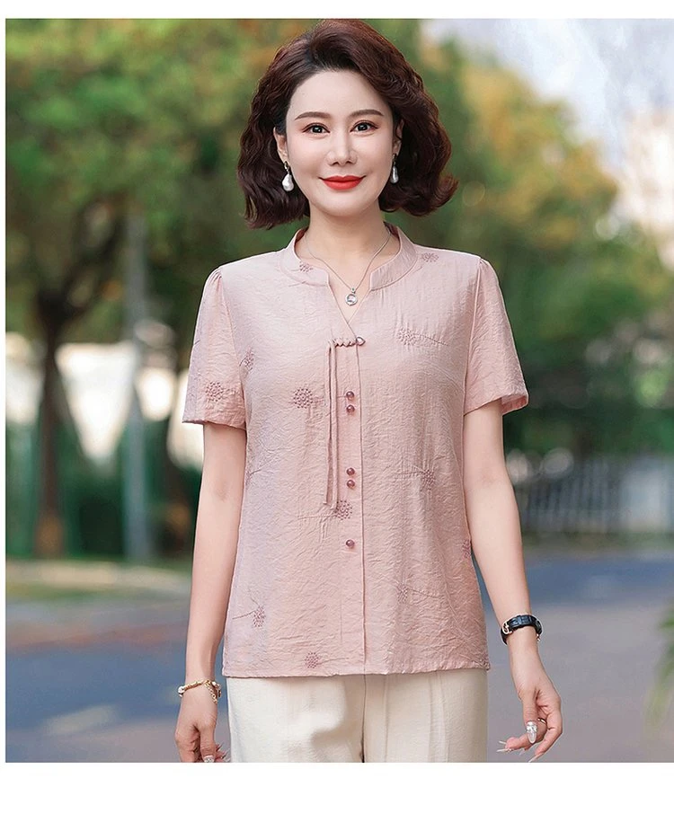 中老年V领套装小衫时尚妈妈装衬衫中老年女装V领夏季洋气中年