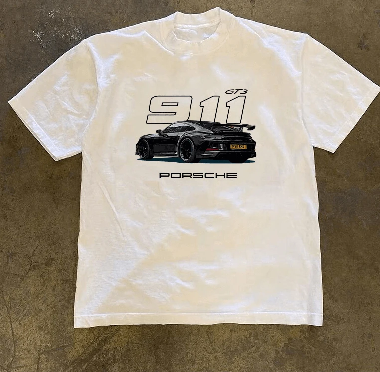 纯棉学家>2025夏季250重磅不透911汽车印花T恤圆领短袖T恤男士T恤