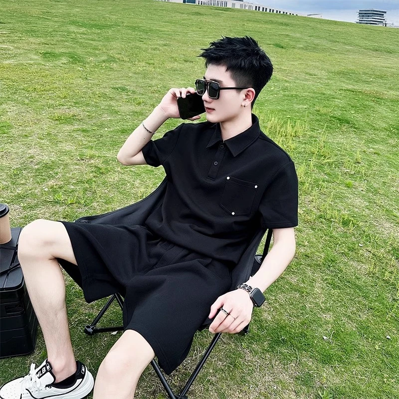 男士polo衫套装宽松潮牌潮流短裤两件装夏季男装搭配斯文败类风格