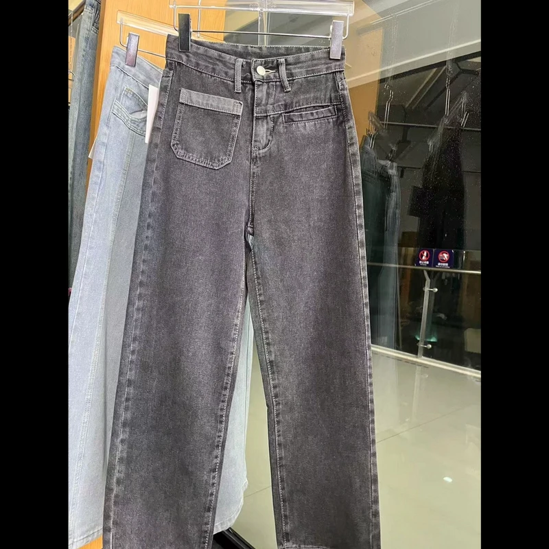 027#口袋设计款牛仔裤女直筒宽松春季新款高腰显瘦小直筒长裤子