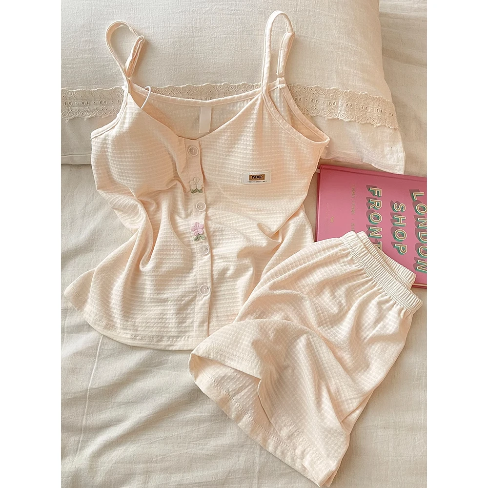 【简约纯色】纯欲舒适甜美带胸垫吊带睡衣女夏季新款短裤套装家居服