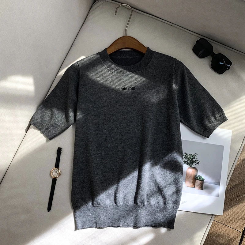 【南油子宸】气质百搭圆领灰色系精梳棉轻奢简约针织短袖女800326