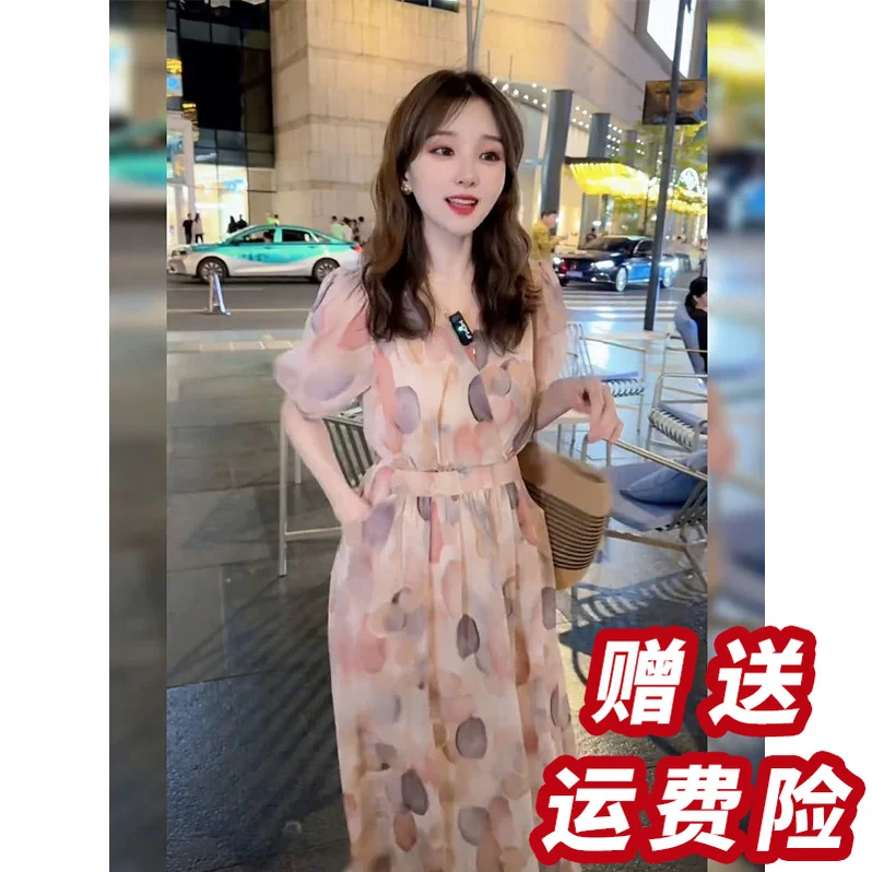 【赠送运费险】法式波点短袖连衣裙女收腰显瘦长裙2025季新款D5092