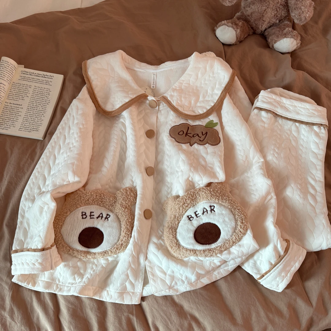 2025新款睡衣女春秋冬季长袖夹层大码棕口袋小熊套装时尚感家居服