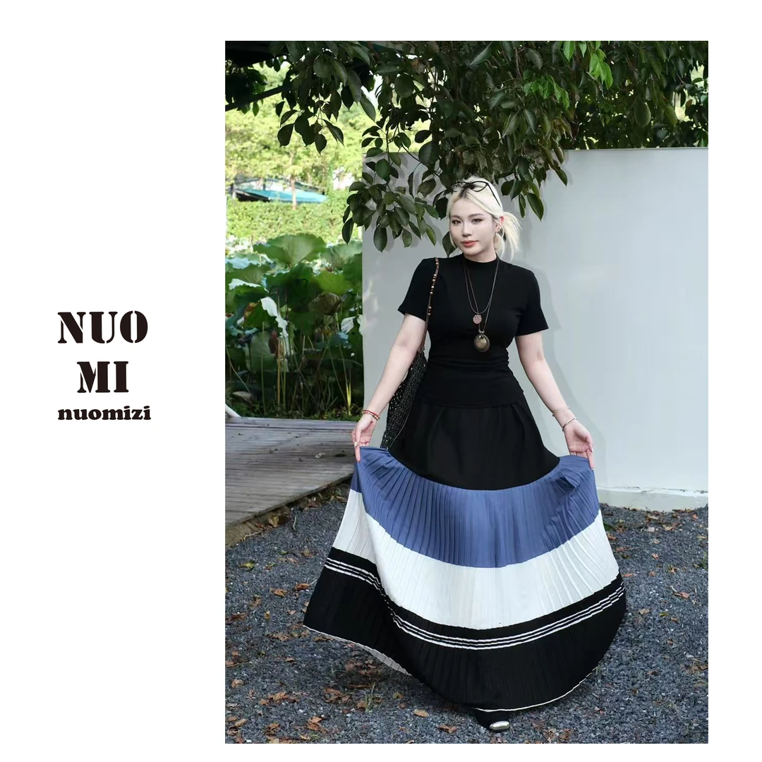 ZOZ糯米子[阿扎莫]彝族复古拼接半身裙新款撞色显瘦休闲百褶裙子