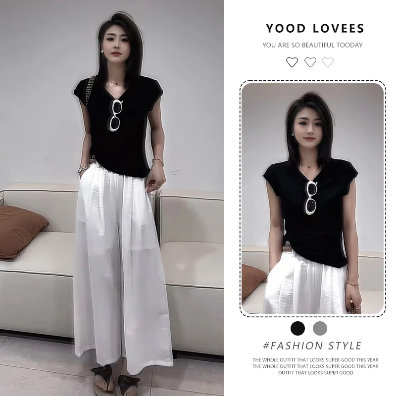2025年夏季时尚静奢风通勤气质复古黑色短袖白色阔腿裤裙减龄套装
