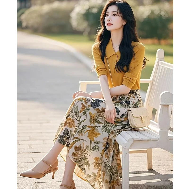 2025年春季新款穿搭一整套设计感气质黄色针织衫半身裙两件套装女