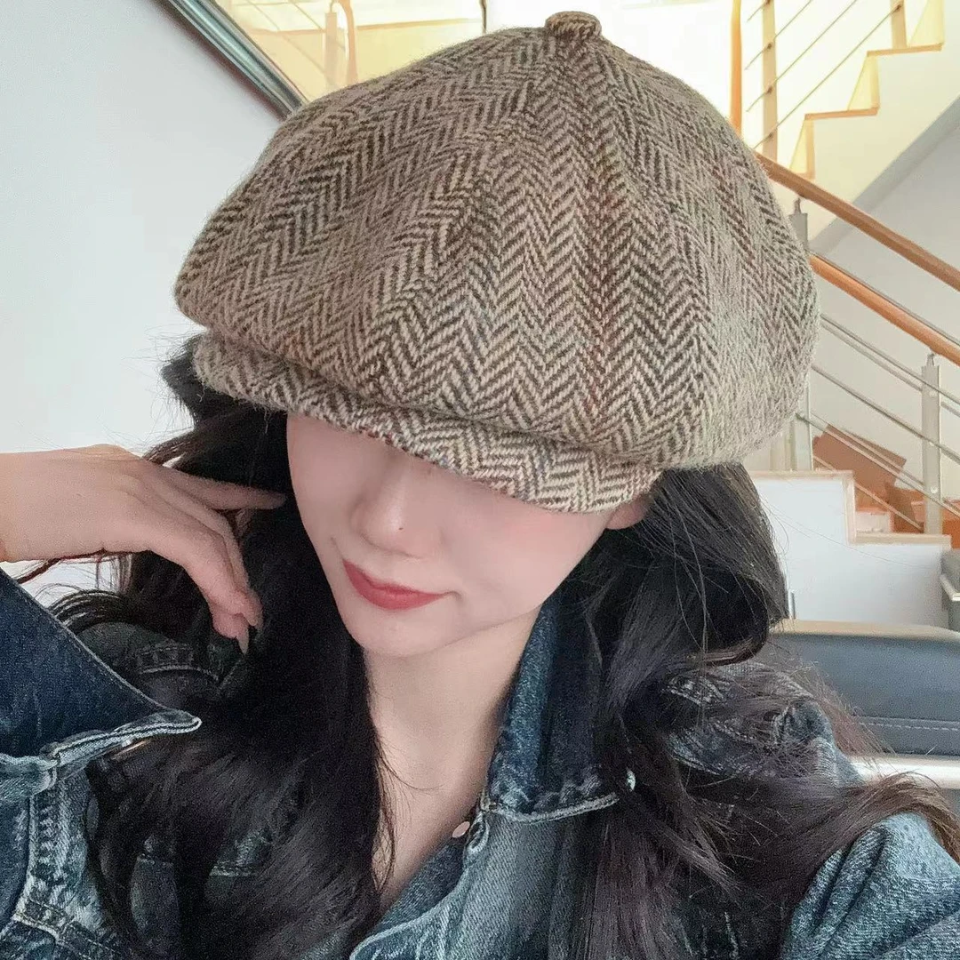 老钱风哈里斯秋冬保暖百搭造型鸭舌帽报童帽  1d1870