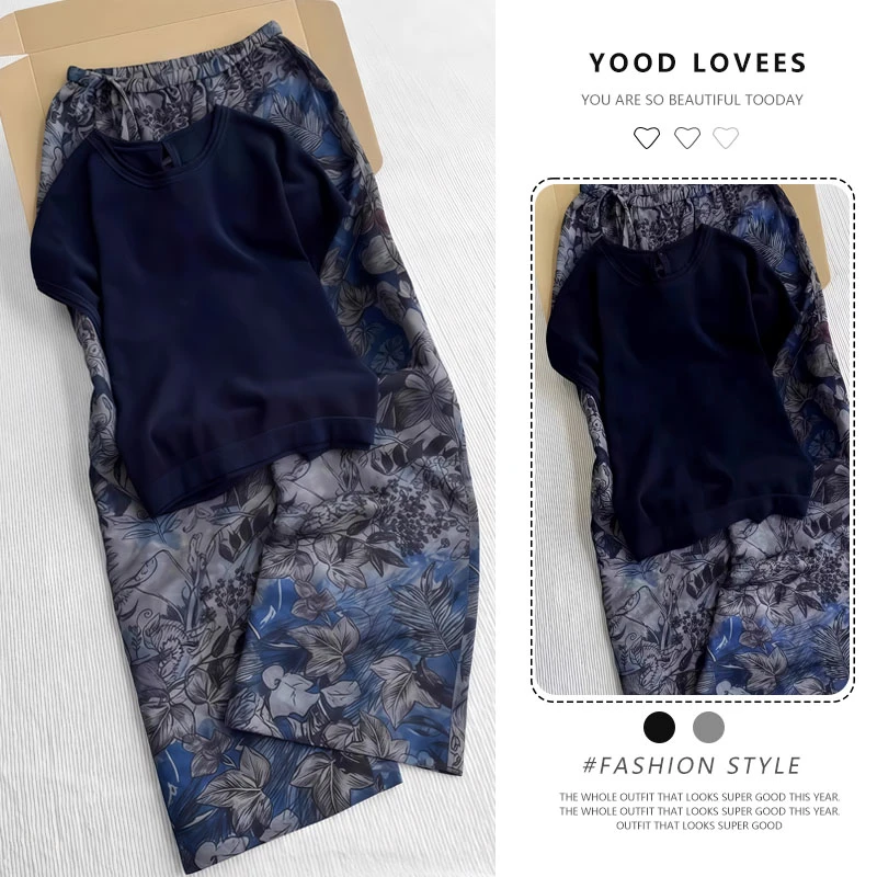 老钱风巨好看的套装2025夏季爆款藏蓝色针织上衣印花阔腿裤两件套