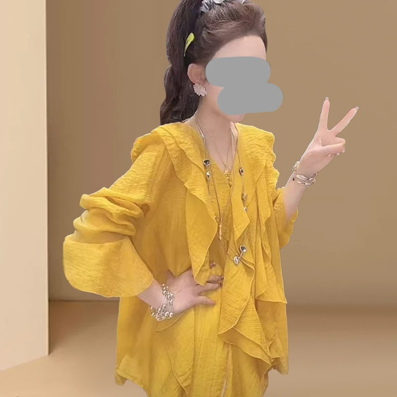 法式新款荷叶边拼接V领宽松显瘦透气长袖衬衫度假风别致高级衬衣