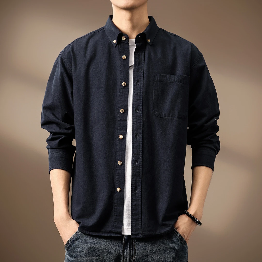 高端美式经典磨毛长袖衬衫男2024秋季新款纯棉休闲宽松衬衣外套潮