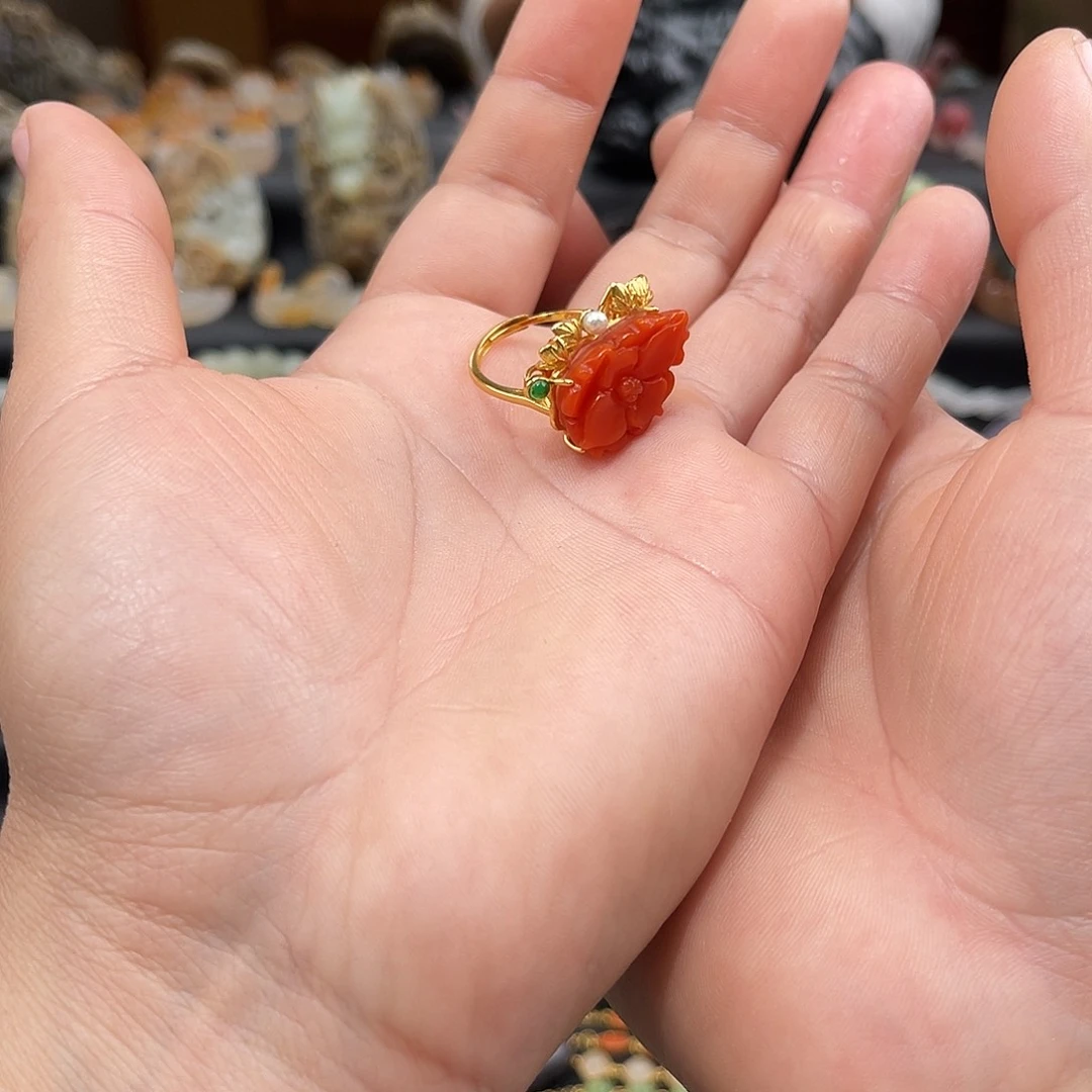 南红玛瑙银S925镀金镶嵌戒指
