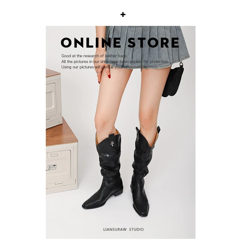 骑士靴 复古刺绣2025新款真皮长筒靴V口堆堆靴方头瘦瘦时装靴女