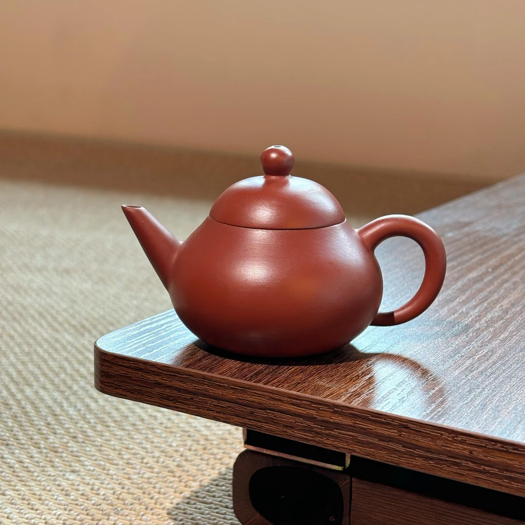 朱泥矮梨直嘴壶|潮州手工修坯手拉壶潮汕茶具送礼壶直线流泡茶壶