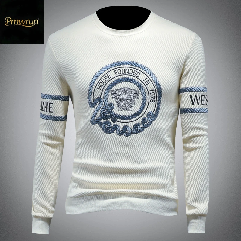 长袖潮流秋冬刺绣圆领休闲上衣新款套头百搭卫衣男士时尚打底衫