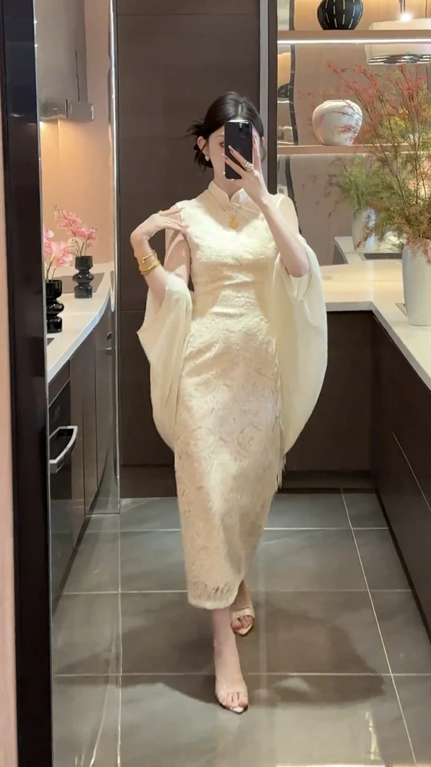 新中式女装国风改良蕾丝旗袍裙气质高级修身包臀连衣裙开衫两件套