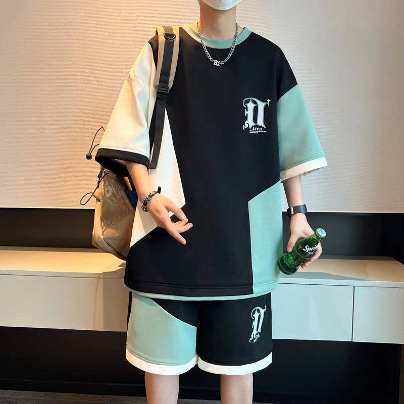 2025套装新款夏季华夫格帅气衣服短袖t恤短裤运动休闲潮牌男装