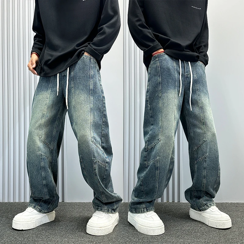 设计感立体拼接弯刀牛仔裤男款秋冬加厚宽松收脚直筒裤痞帅男裤子