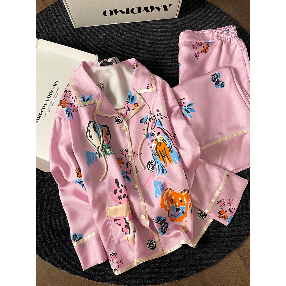 国风萌趣小狗印花紫色冰丝睡衣女早秋新款长袖长裤松弛感家居服