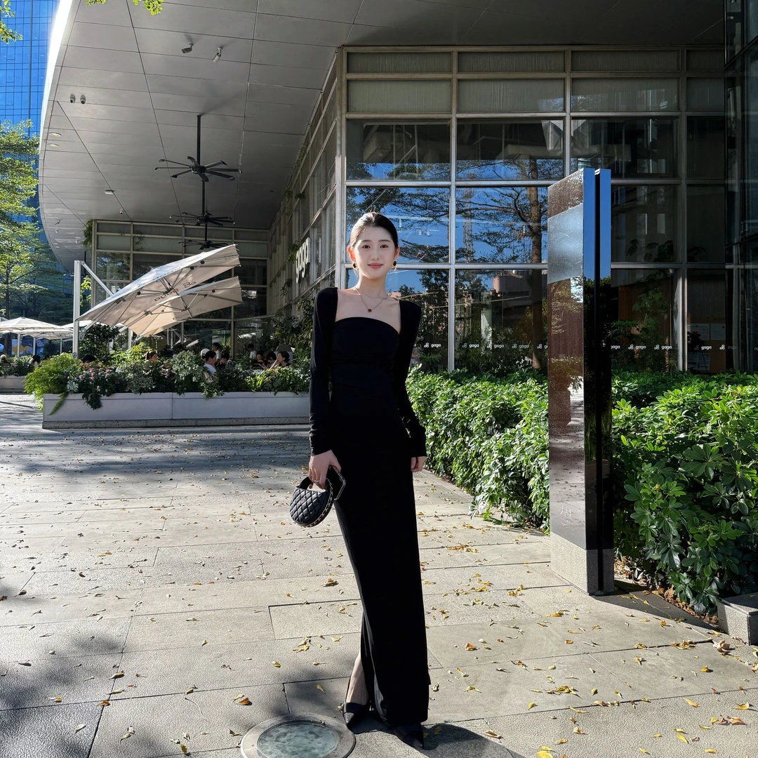 法式显瘦女主气场褶皱抹胸连衣裙性感开叉修身晚礼服长裙两件套秋