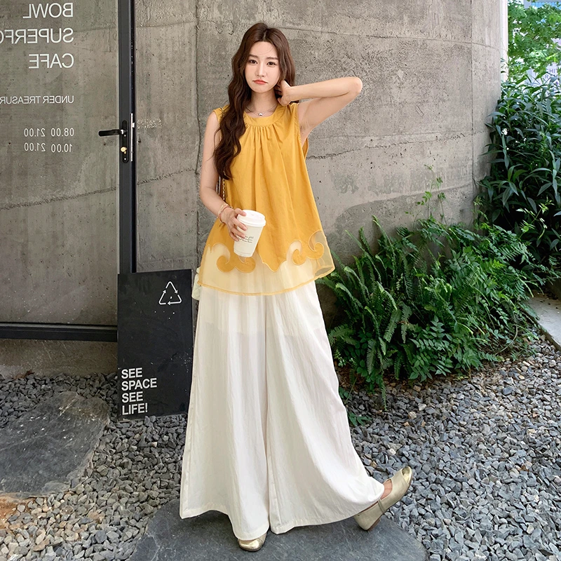 设计感网纱拼接背心阔腿裤两件套女2025夏季新款法式气质百搭套装