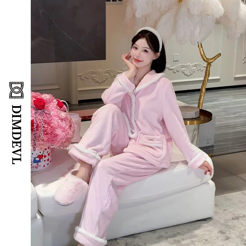 DIMDEVL/汀黛绒绒甜心粉色法兰绒拼接毛边秋冬加厚保暖家居服睡衣