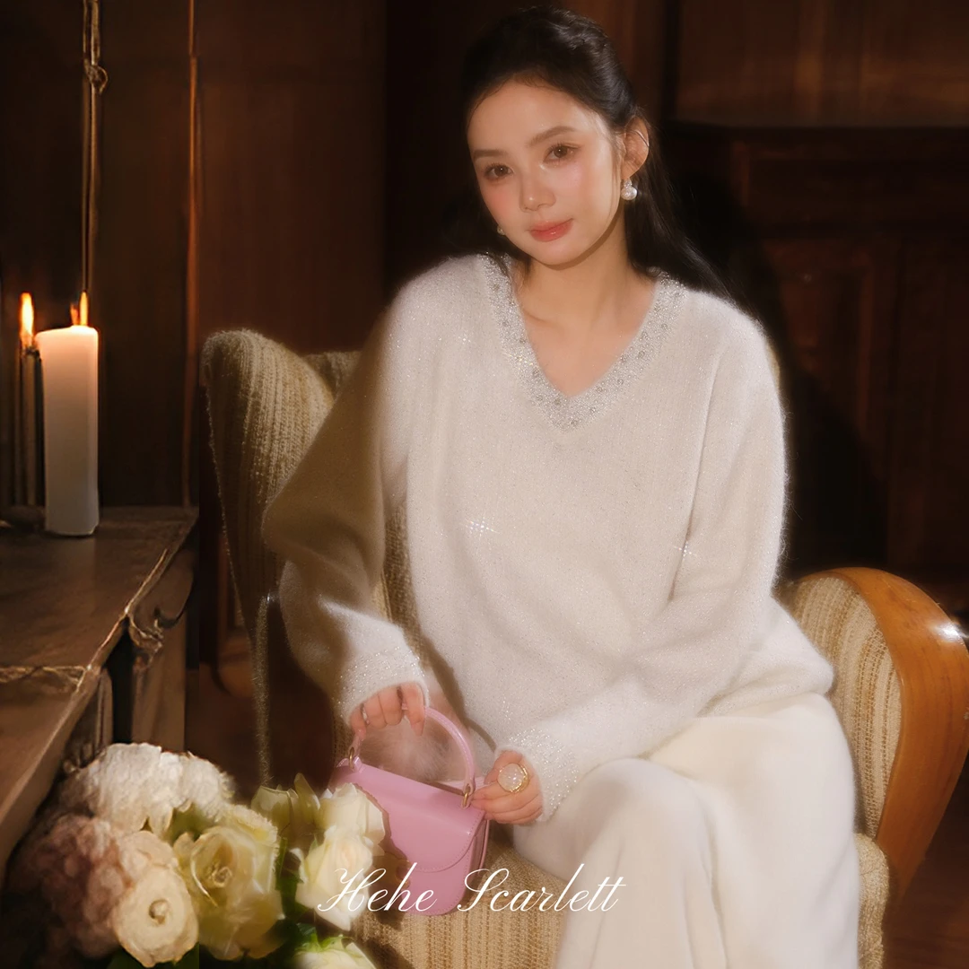 【11/25上新】私有浪漫 法式钉珠刺绣满珠片金银丝绵羊毛V领毛衣