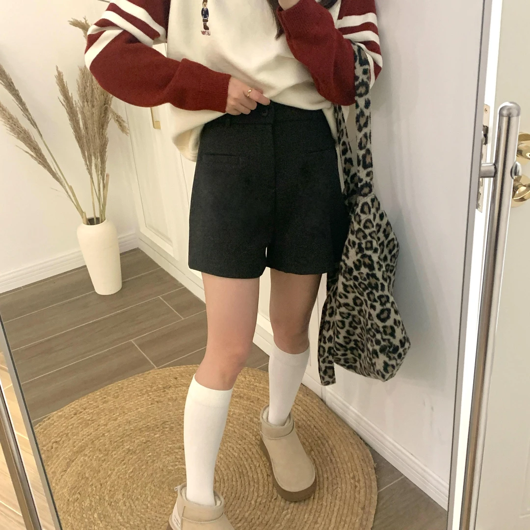 心蓝家呢料配腰带深灰色加厚休闲裤女秋冬新款高腰显瘦靴裤小个子