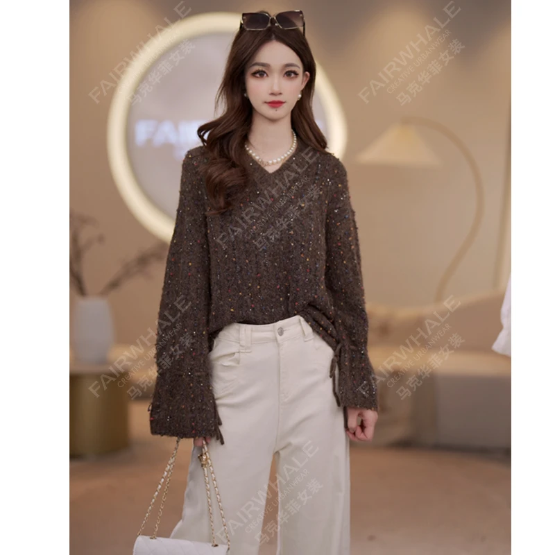 马克华菲女装秋季V领复古彩色点点休闲简约圆领时尚百搭针织衫 V