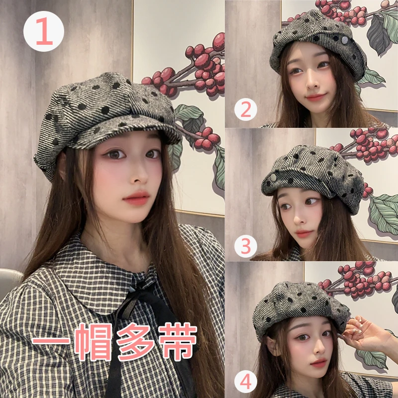 秋冬季女款复古贝雷帽波点云朵八角帽百搭显脸小画家文艺黑色帽子