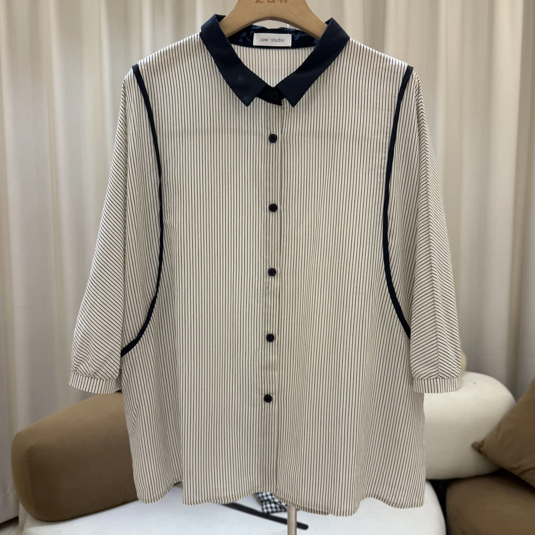 zaw大码女装条纹短袖衬衫女2025年爆款洋气宽松胖mm开衫上衣