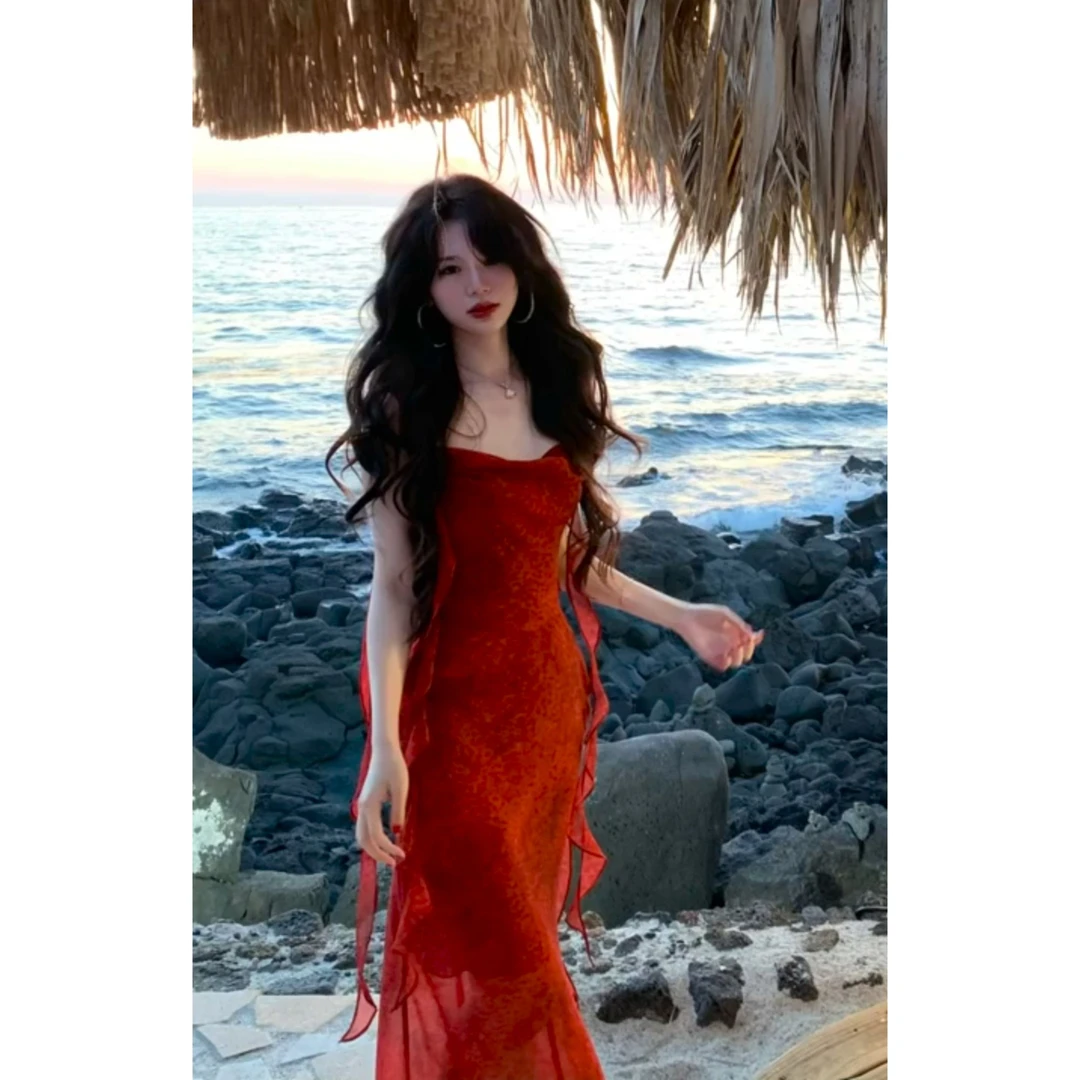 MARIE.COCO海边度假不规则红色飘带吊带连衣裙女风情万种绝美长裙