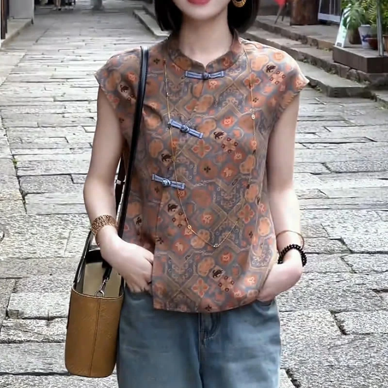 【有运费险】时尚新中式盘扣上衣女短袖2025夏季新款国风复古衬衫