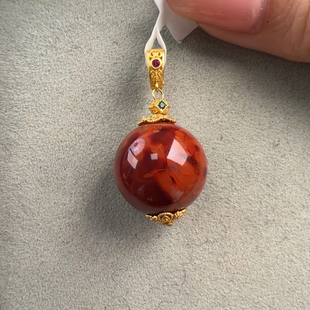南红玛瑙银S925镶嵌（万能扣牛血火焰圆珠吊坠18mm