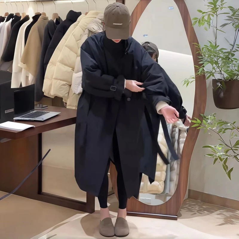 秋季新款时尚百搭翻领长款风衣女2025大码女装mm宽松显瘦棉服外套
