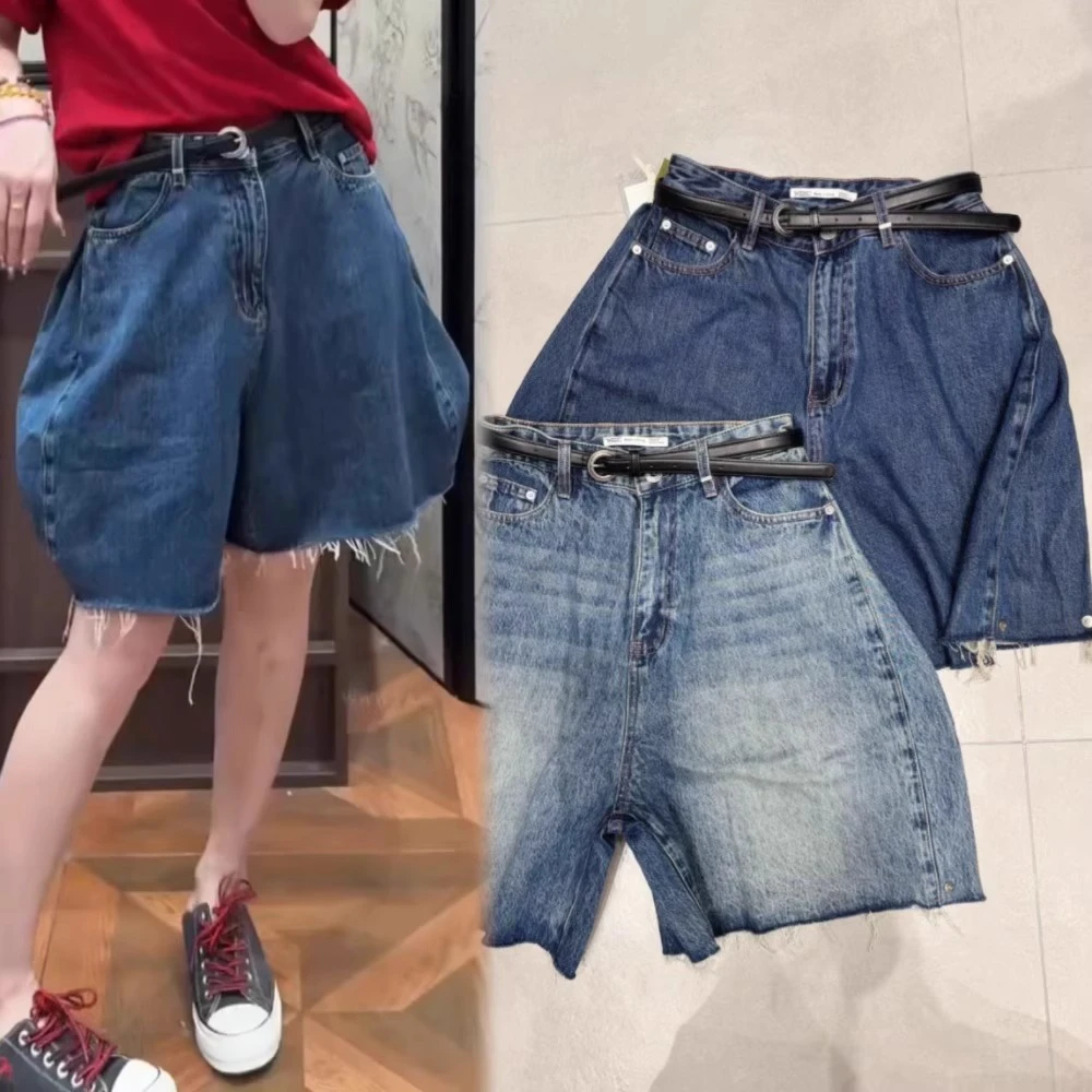 夏季女高腰侧搭扣设计毛边阔腿宽松牛仔短裤五分裤