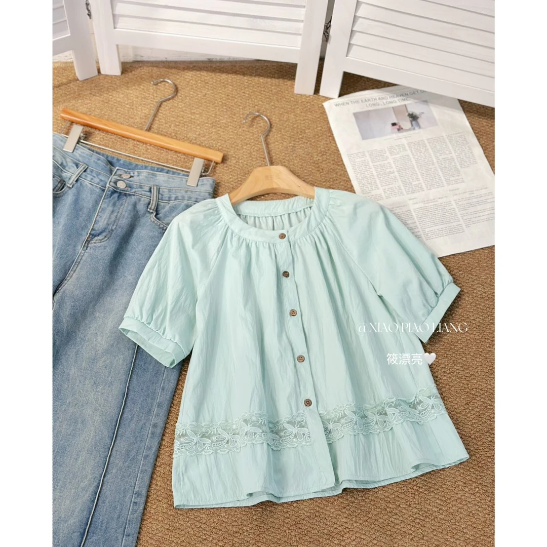 2025春夏简约蕾丝新款法式小众复古百搭拼接圆领短袖衬衫7693#0.1