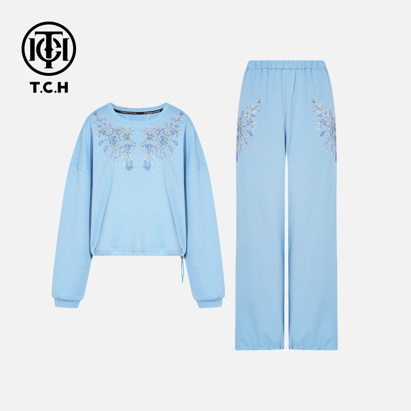 TCH轻奢潮牌烫钻休闲慵懒百搭卫衣套装女25秋季新款T75C07E1011