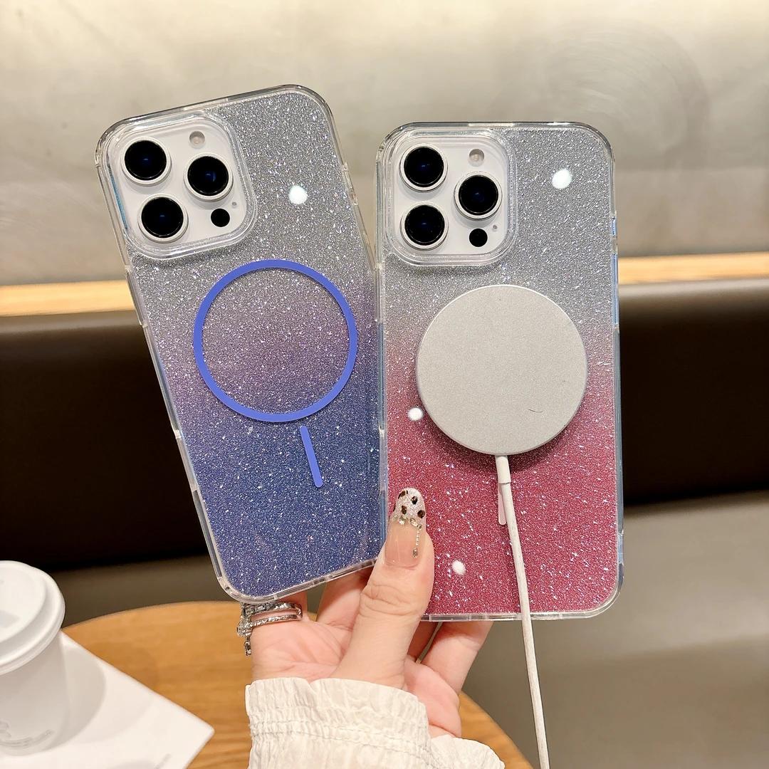 适用iPhone16promax手机壳防摔轻奢闪粉渐变细圈磁吸无线充男女款