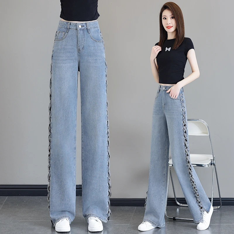 辣妹阔腿镂空高腰直筒垂感牛仔裤春夏风牛仔长裤百搭显瘦浅蓝宽松