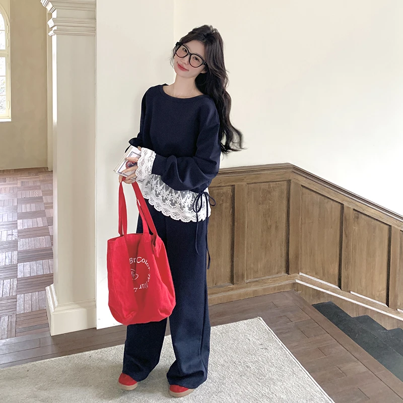 藏青色蕾丝拼接卫衣套装女春秋2025新款阔腿裤两件套休闲运动减龄