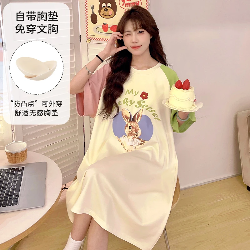 自带胸垫睡裙女睡衣裙子夏季夏天夏款短袖薄款大码中长款裙可外穿