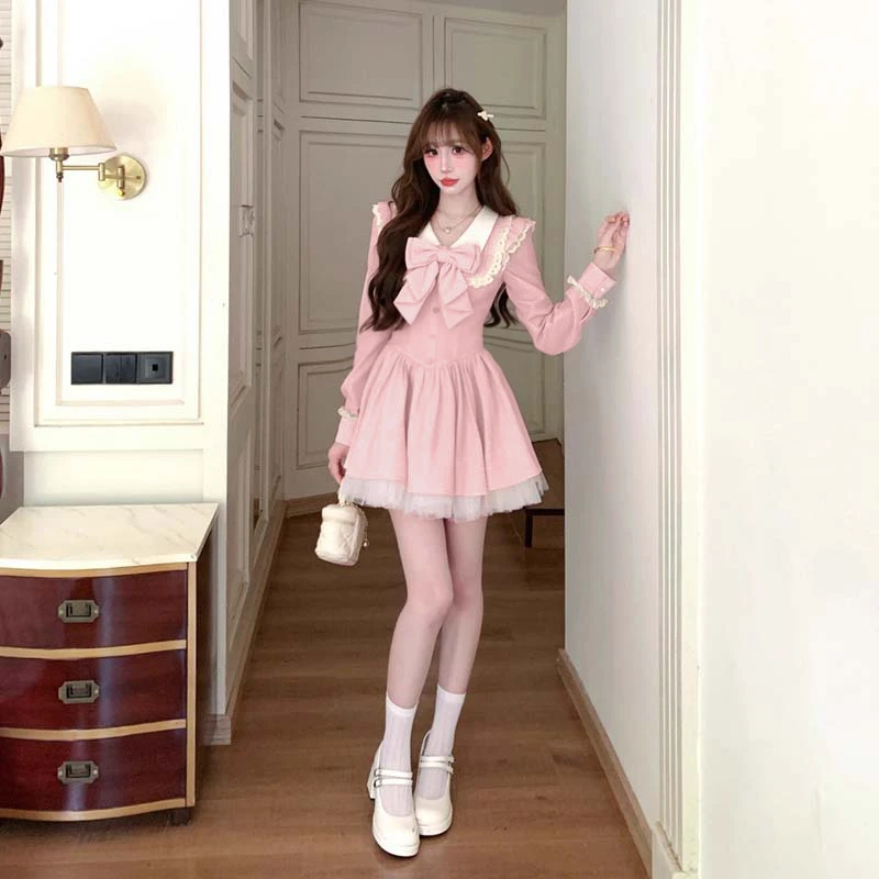 【有里布】法式甜美纯欲蕾丝边蝴蝶结粉色公主连衣裙女QJ0040